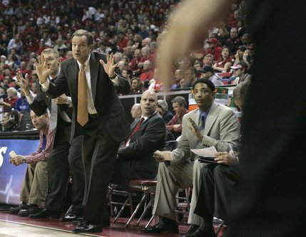 UNLV head coach Lon Kruger questions a call during the first half of their 76-61 defeat of BYU in the Mountain West Conference championship game Saturday, March 15, 2008 at the Thomas & Mack Center.
