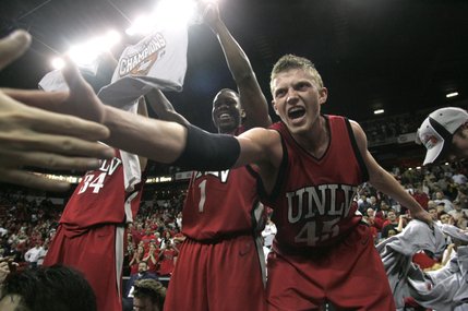 UNLV's Wink Adams, left, and Joe Darger celebrate their 76-61 defeat of BYU in the Mountain West Conference championship game Saturday, March 15, 2008 at the Thomas & Mack Center.
