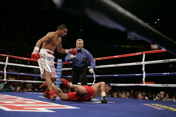 Diosdado Gabi falls to the canvas after taking a punch ...