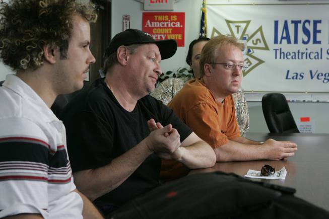 Stagehands, from left, Chris Martini, Chris Minkema and Paul Bordenkircher talk in June 2007 about the union vote. 