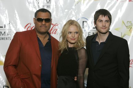 The cast of "21", Laurence Fishburne (L), Kate Bosworth (C) and Jim Sturgess, honored with a special Ensemble Award, pose before the 2008 ShoWest Awards ceremony in Las Vegas on March 13, 2008. "21" is a Columbia Pictures movie which will be released on March 28. ShoWest is an annual convention for movie theater owners. 