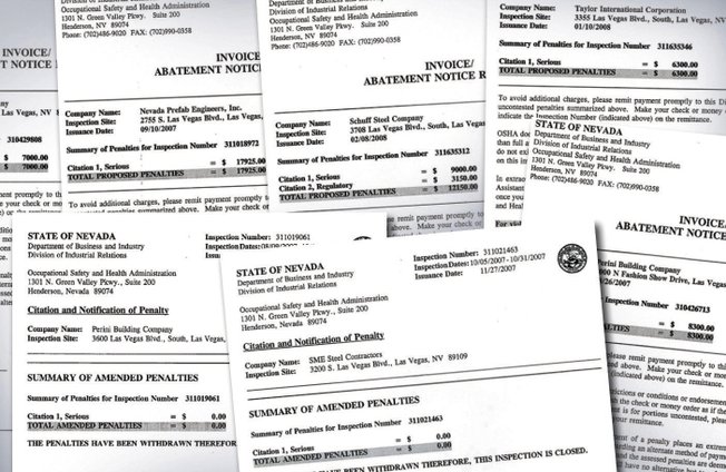 Documentation shows that the Nevada Occupational Safety and Health Administration found safety violations in the deaths of several workers, but after conferences with employers, many were reduced or withdrawn.