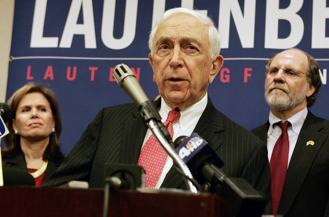 New Jersey Sen. Frank  R. Lautenberg, 84, announces his candidacy for re-election as wife Bonnie S. Englebardt, left and Gov. Jon S. Corzine, right, look on, Monday, March 31, 2008, in Trenton, N.J. (AP Photo/Mel Evans)