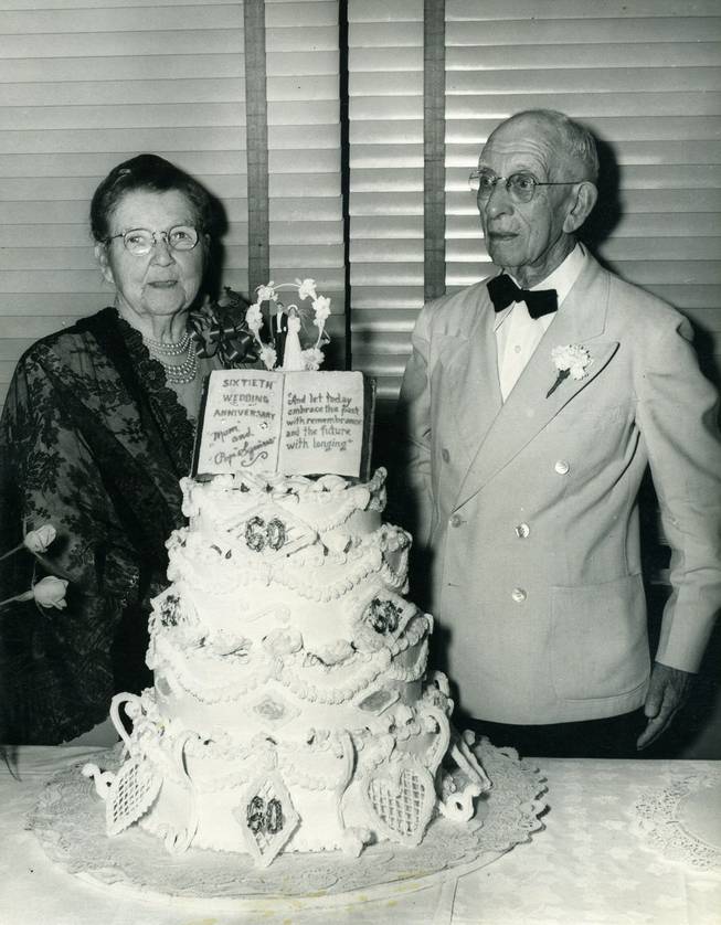 Charles P. Squires and wife, Delphine Squires, celebrate their 60th wedding anniversary in this Aug. 21, 1949 photo. As pioneer residents of Las Vegas, Charles and Delphine Squires were instrumental in developing Las Vegas from a desert railroad stop into the largest American city founded in the 20th century. 