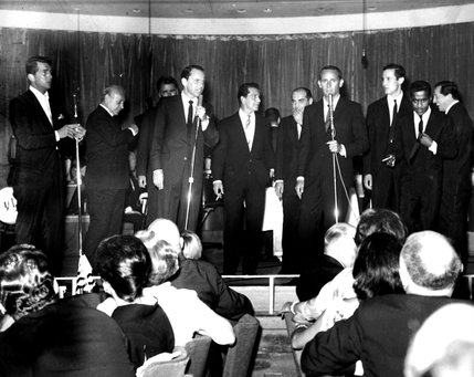 The Rat Pack, from left, Dean Martin, Frank Sinatra, Joey Bishop, Sammy Davis Jr. at one of their many performances together on the stage of the Sands' Copa Room during the 1960s.