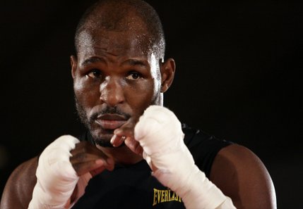 Boxer Bernard Hopkins shadowboxes during a public workout at Planet Hollywood on Tuesday.  The 43-year-old light heavyweight says he has the body of a fighter 15 years younger because of training.