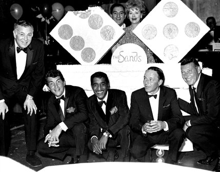 The Sands celebrates its 11th anniversary with comedian Danny Thomas and actress Lucielle Ball, back, Sands manager Jack Entratter, Rat Pack members, from left, Dean Martin, Sammy Davis Jr., Frank Sinatra, and comedian Gary Morton.
