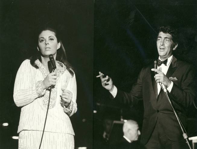 Dean Martin performs on stage with Gail Martin in the Sands Copa Room on August 1967. Gail was the daughter of Dino and his first wife Betty MacDonald. She followed her fathers footsteps and entered into the entertainment industry.