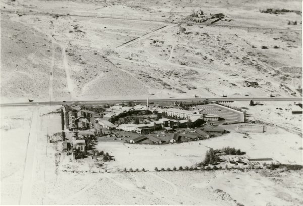 The Flamingo Hotel stands out in the barren desert in ...