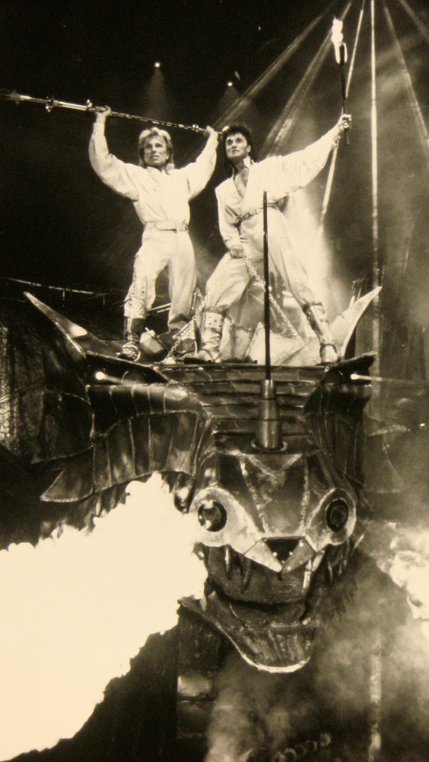 Siegfried & Roy battle a fire-breathing dragon during a performance of their show at the Mirage Hotel's Siegfried & Roy Theater.