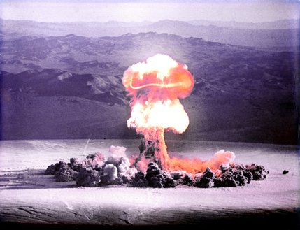 The Priscilla nuclear bomb is detonated over Frenchman Flat on June 24, 1957.  The test was one of a series of controversial nuclear tests codenamed Operation Plumbbob.   The 37 kiloton bomb was detonated at 700 feet above the valley floor via hot air balloon. Operation Plumbbob sought to take advantage of the nuclear tests with training exercises, war games and lectures for military personnel on how the atom bomb would change the way wars would be fought, culminating in the actual explosions every 5 days during the late spring and summer of 1957.