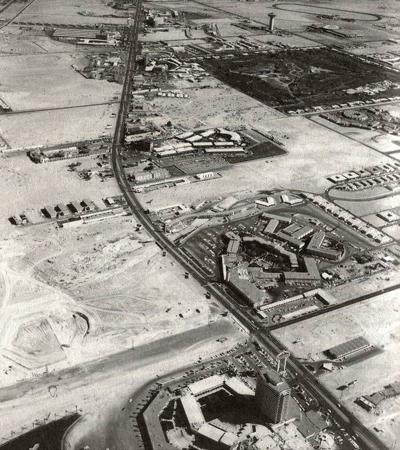 An aerial view of Highway 91 in the mid-1950s shows ...