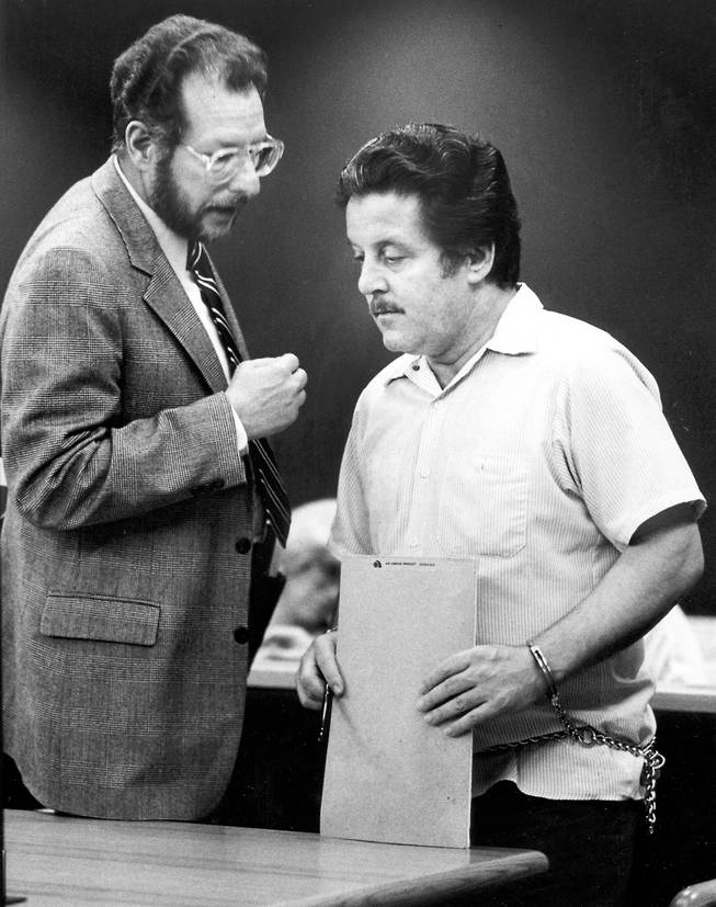 Defense lawyer Oscar Goodman, left, in court in with Anthony "Tony the Ant" Spilotro, the Chicago mob's feared overseer in Las Vegas. Spilotro controls the crime family's rackets empire here for more than a decade.
