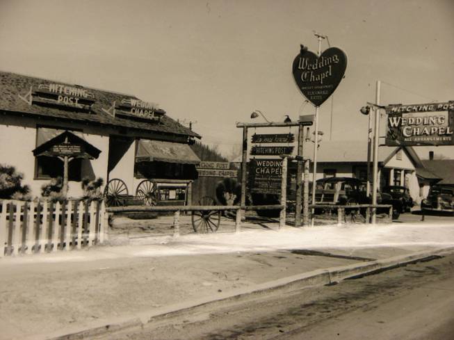 The Hitching Post Wedding Chapel is heavily advertised in this 1940s photo. In 1931 the Nevada Legislature relaxed the state's marriage and divorce laws and the wedding industry started to become a major factor in the Vegas economy.