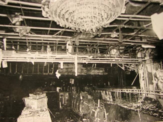A chandelier is the only thing left unscathed after a fire guts the casino floor of the MGM Grand Hotel. The casino was not equipped with sprinklers because of budgetary reasons. Owners believed that since it was a 24-hour casino someone would notice a fire and sprinklers and alarms would not be necessary.  Don Ploke / Las Vegas Sun
