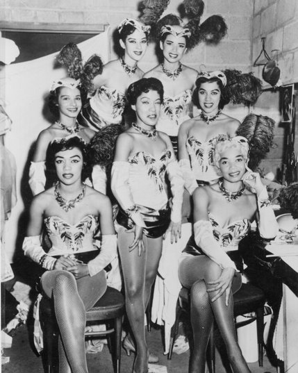 Moulin Rouge Hotel showgirls Barbara McCarey, unknown, Norma Talbert, Lorraine Ward, Ann bailey, DeDe Young and Dee Dee Jasman pose for this May 1955 photo. The Moulin Rouge was the first fully integrated casino in Las Vegas, serving and hiring people of any ethnicity.