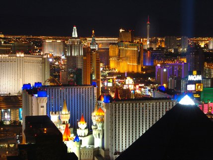 The 2005 Las Vegas Strip from Mandalay Bay. Megaresorts like the New York, New York, Wynn, Aladdin, Venetian and Stratosphere dominate the modern Las Vegas skyline.