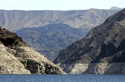 Discoloration around the banks of lake mead shows how much the water level has declined over the years. Lake Mead is currently over half full, its water supply has been depleted due to an ongoing drought and the demands put on it by the growing community in southern Nevada. 