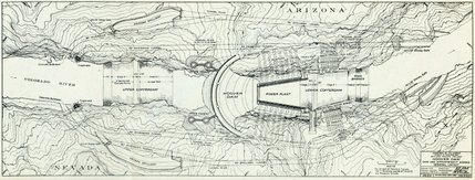 A map of Hoover Dam shows how the concrete dam fits into Black Canyon, including the powerhouse where water churning through turbines in 17 power generating units produces electricity for Nevada, California and Arizona. The dam was built to protect farmers in Arizona and California as well as produce electricity from the raging Colorado River.
