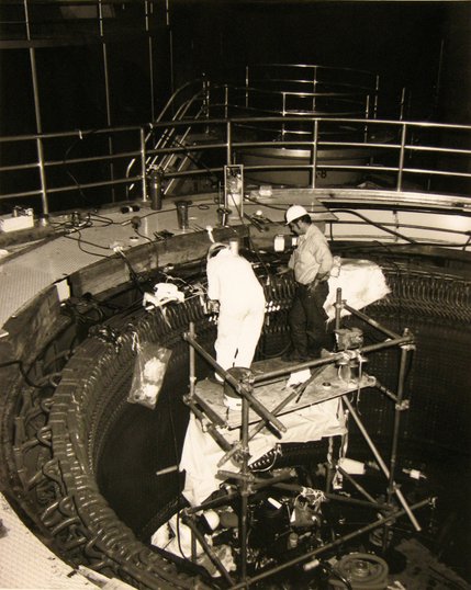 On Oct. 1981 maintenance workers overhauled a stainless steel turbine runner in the A7 generator in the Arizona wing of the Hoover Dam Powerhouse. Turbines from the 17 power generating units produce enough electricity to meet the needs of dozens of cities in California, Nevada and Arizona.