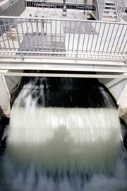 Treated water flows out of the plant. For a community urinalysis study, drops of untreated wastewater were collected incrementally over 24 hours on March 20 and tested for the presence of drugs.