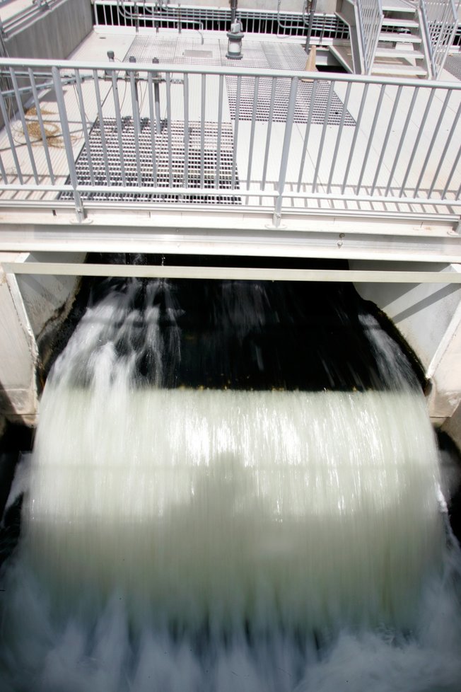 Treated water flows out of the plant. For a community urinalysis study, drops of untreated wastewater were collected incrementally over 24 hours on March 20 and tested for the presence of drugs.