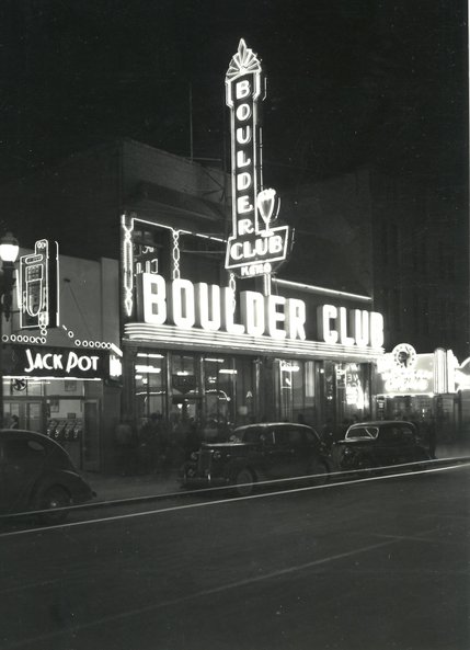 The lights of the Boulder club light up the night, January 21, 1942. The Boulder Club had the first electric sign in town. It was installed in 1934 by Young Electric Sign Company (YESCO), starting a trend that still characterizes 