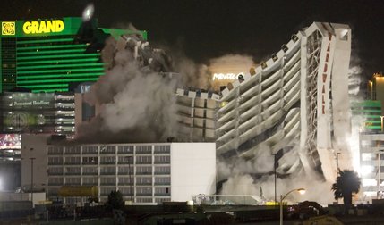 The 16-story hotel tower of the Boardwalk Casino collapses during an implosion of the building in Las Vegas on Tuesday, May 9, 2006. The building was demolished to make way for the $5 billion MGM Mirage CityCenter project. 
