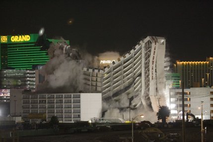 The 16-story hotel tower of the Boardwalk Casino starts its descent into demolition on May 9, 2006. The hotel had a Coney Island theme, complete with a non-working roller coaster.
