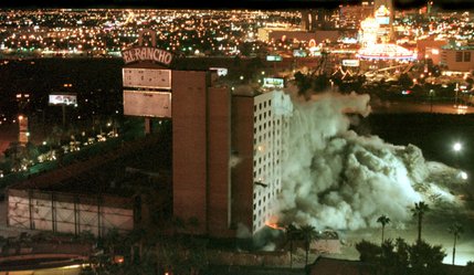 A side view of the El Rancho's Oct. 3, 2000 implosion. The building was demolished to make room for Turnberry Place, a set of high-rise luxury condominiums. 

