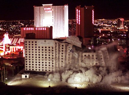 The 13-story El Rancho hotel-casino tumbles to the ground early in the morning on Tuesday, Oct. 3, 2000.  The building, which belongs to Florida based Turnberry Associates and has been vacant since 1992, was imploded by Las Vegas-based LVI Environmental Services Inc. 
