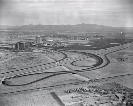 The Dunes and the under-construction Caesars Palace can be seen in this aerial photo of Las Vegas, 1962. The Dunes along with its 18-hole golf course would later become the Bellagio, while Caesar's, although very different, is still with us.