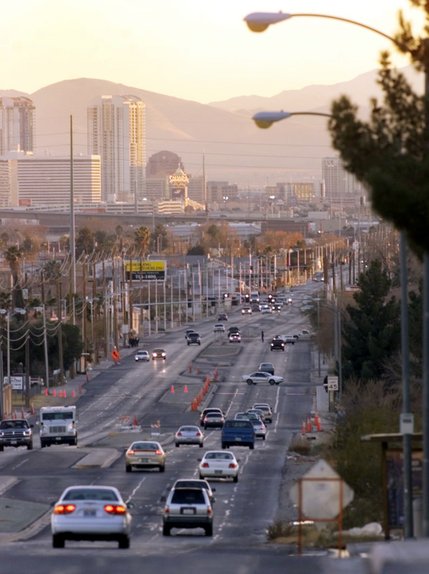 Traffic traverses Martin Luther King Boulevard at sunset on Jan. 20, 2002. The photo is taken from Cheyenne Avenue, and shows the seemingly never-ending construction that's so prevalent on Las Vegas roadways.