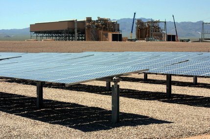 A solar panel array generates electricity at the El Dorado Energy plant in Boulder City. The plant is about 17 miles from downtown on U.S. 95 south of the Eldorado Dry Lake Bed.
