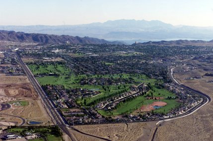 An aerial view of Boulder City shows the entire municipal golf course. The Boulder City Golf Course has been around since 1973, and is owned and maintained by the city. The 6,600-yard, par-72 course offers a traditional layout with minimal risk of damaging houses.