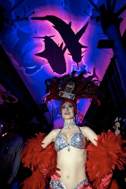 Showgirl Polina McDowell watches “The Drop,” one of two shows at the Fremont Street Experience Light and Sound Show Monday that premiered following a $17 million renovation, June 14, 2004. The upgrade, named “Viva Vision,” was a technological update to the show created by LG CNS Co., Ltd., of South Korea.