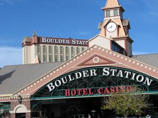 The clock tower of the Boulder Station hotel-casino obscures the resort's 15-story tower.
