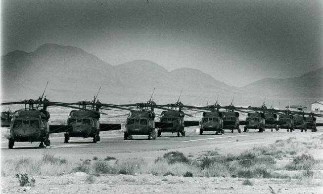 HH-60G Pave Hawk helicopters line up for an exercise at Nellis Airforce Base, March 1985. The Pave Hawk is designed for combat search and rescue operations but has been used for civil search and rescue missions after Hurricane Katrina in 2005 and the Boxing Day Tsunami of 2004.