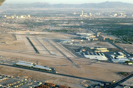 An aerial view of the North Las Vegas Airport taken from Joe Maridon's 1942 WACO UPF-7 biplane April 8, 2002. The airport is the second busiest one in Nevada, serving as a base for the Las Vegas Metropolitan Police Department in addition to operating scenic and general aviation flights.