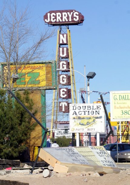 Auto body shops, used car lots and Jerry's Nugget mark the entrance to North Las Vegas. The casino has been a North Las Vegas staple since 1964 and remains a local favorite.