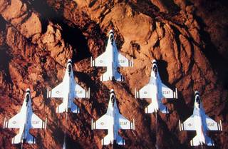 The Thunderbirds came to Nellis Air Force Base in 1956. The name thunderbird refers to a southwest American Indian tradition of a majestic eagle or hawk that shakes the earth with its thunderous wings and shoots lightning from its eyes.