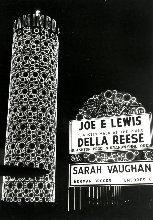 The Flamingo's Champagne Tower and glittering marquee advertises upcoming entertainment acts at the swanky casino. Meyer Lansky was a major backer at the resort - both before and after his good buddy, Benjamin "Bugsy" Siegel, was murdered in 1947.