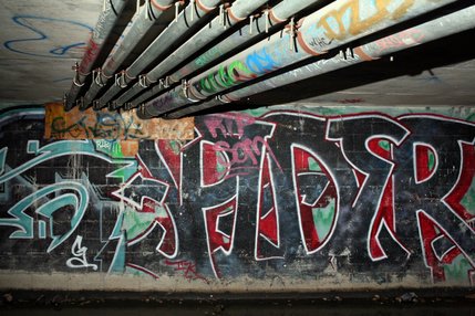 Graffiti artworks line the walls of storm drains under The Strip in Las Vegas.