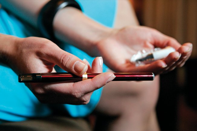 NJOY is a battery-powered, microelectronic device that delivers nicotine via water vapor to the user's lungs. There is no smoke, making it acceptable in places where smoking is banned. The device costs about $110  and cartridges are sold separately.
