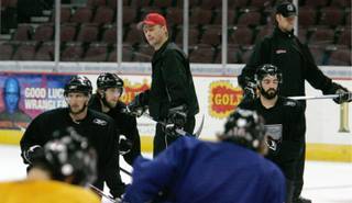 Las Vegas Wranglers head coach Glen Gulutzan, center, presides over practice May 28, 2008 at the Orleans Arena. The Wranglers made it to the Kelly Cup finals before losing in six games to Cincinnati.