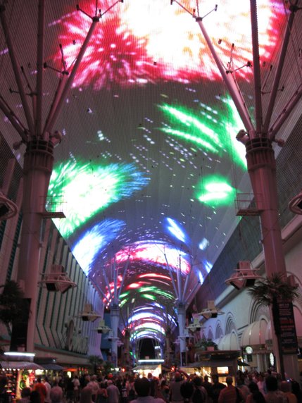 Virtual fireworks shoot across the Viva Vision screen during Independence Day celebrations at the Fremont Street Experience.