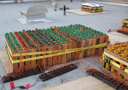 Racks of 2 1/2 and 3-inch shells are on display before the Henderson fireworks show. 