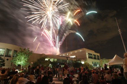 Spectators look on as a fireworks explode during Henderson's Fourth of July celebration at the Henderson Events Plaza on Water Street.