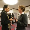 Assembly Speaker Barbara Buckley, right, speaks with Dr. Mary Pierczynski, Carson City School Distri