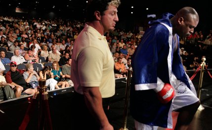 Ron Weaver enters the ring to fight Kaspars Kambala during a heavyweight boxing match at the Las Vegas Hilton.